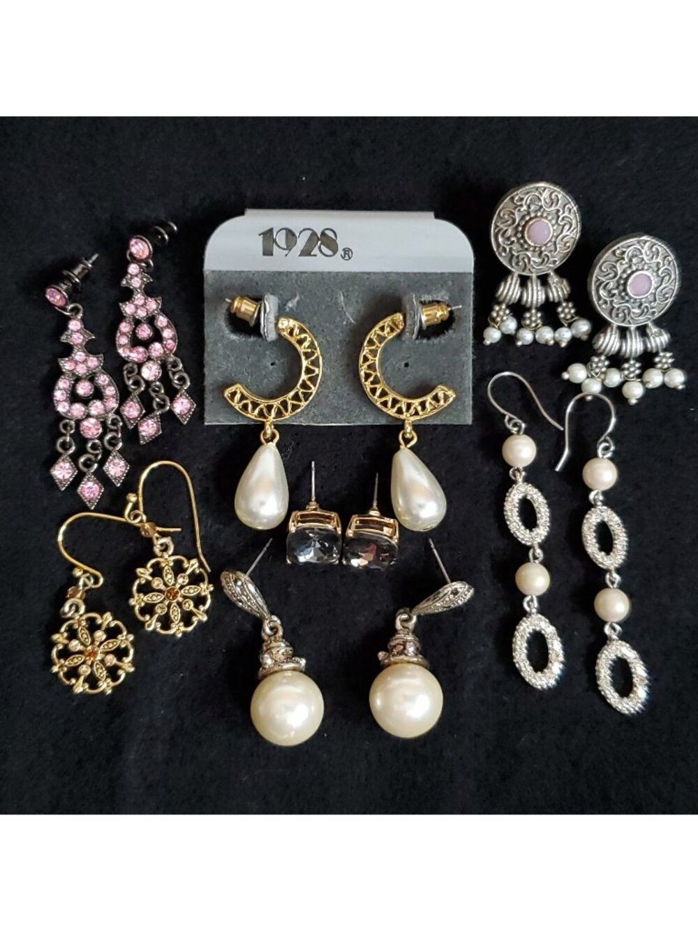 Dangle Earring Lot Of 7 Pair Pierced Rhinestone Faux Pearl 1928 Brand Sm Med